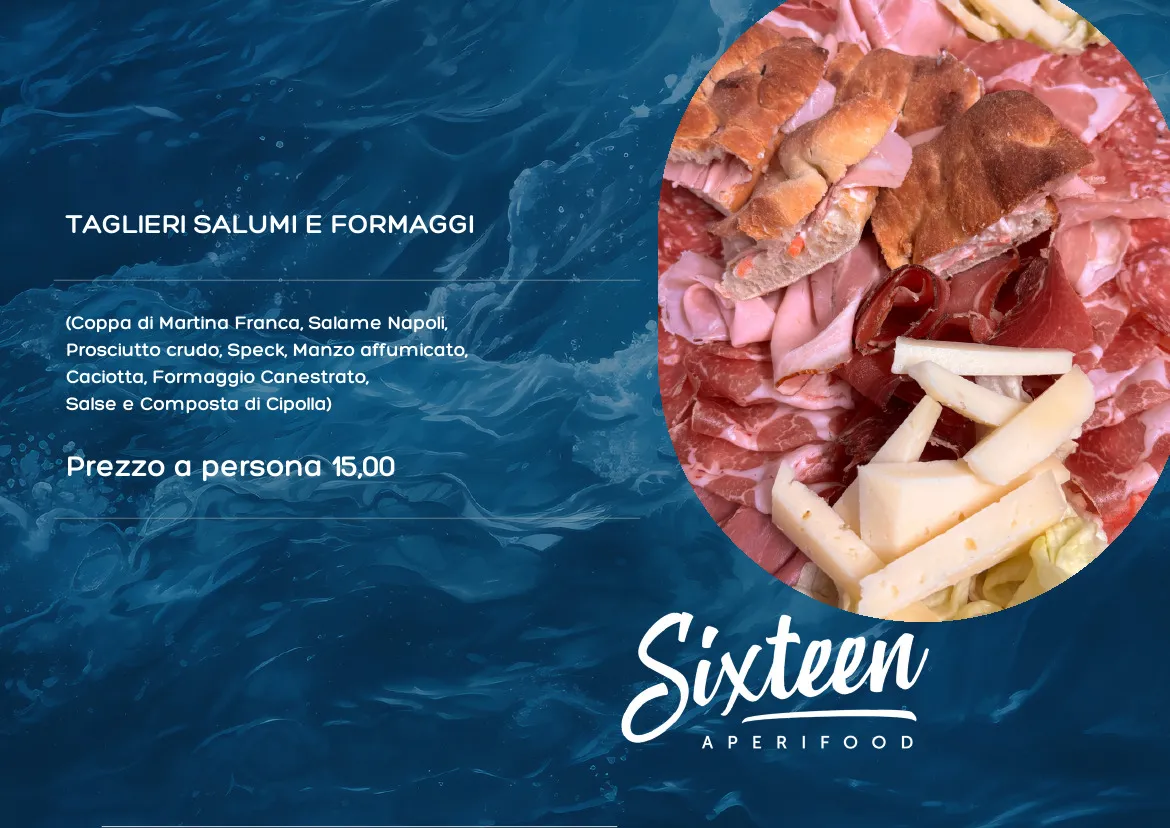 Pagina del menu col tagliere di salumi e formaggi e il prezzo a persona; il testo per esteso è qui sotto.
